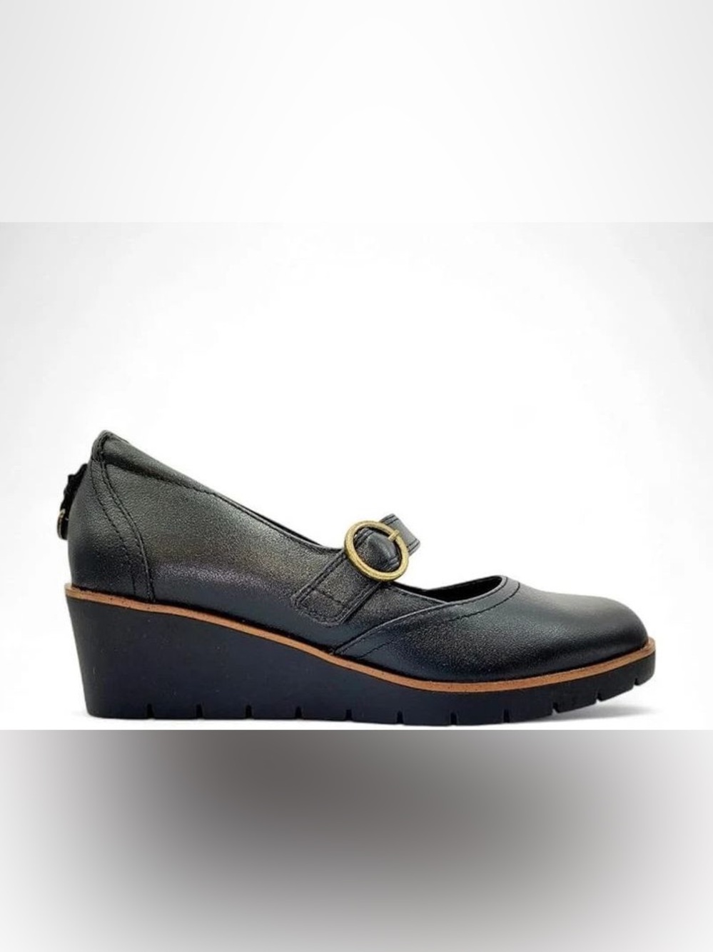 Revere Black Wedge Mary Jane Women's Shoe with Gold Buckle 10M